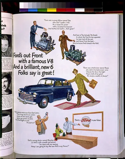 [Page of advertisement for Ford automobiles, showing a 1947 Ford, two engines, etc.]
