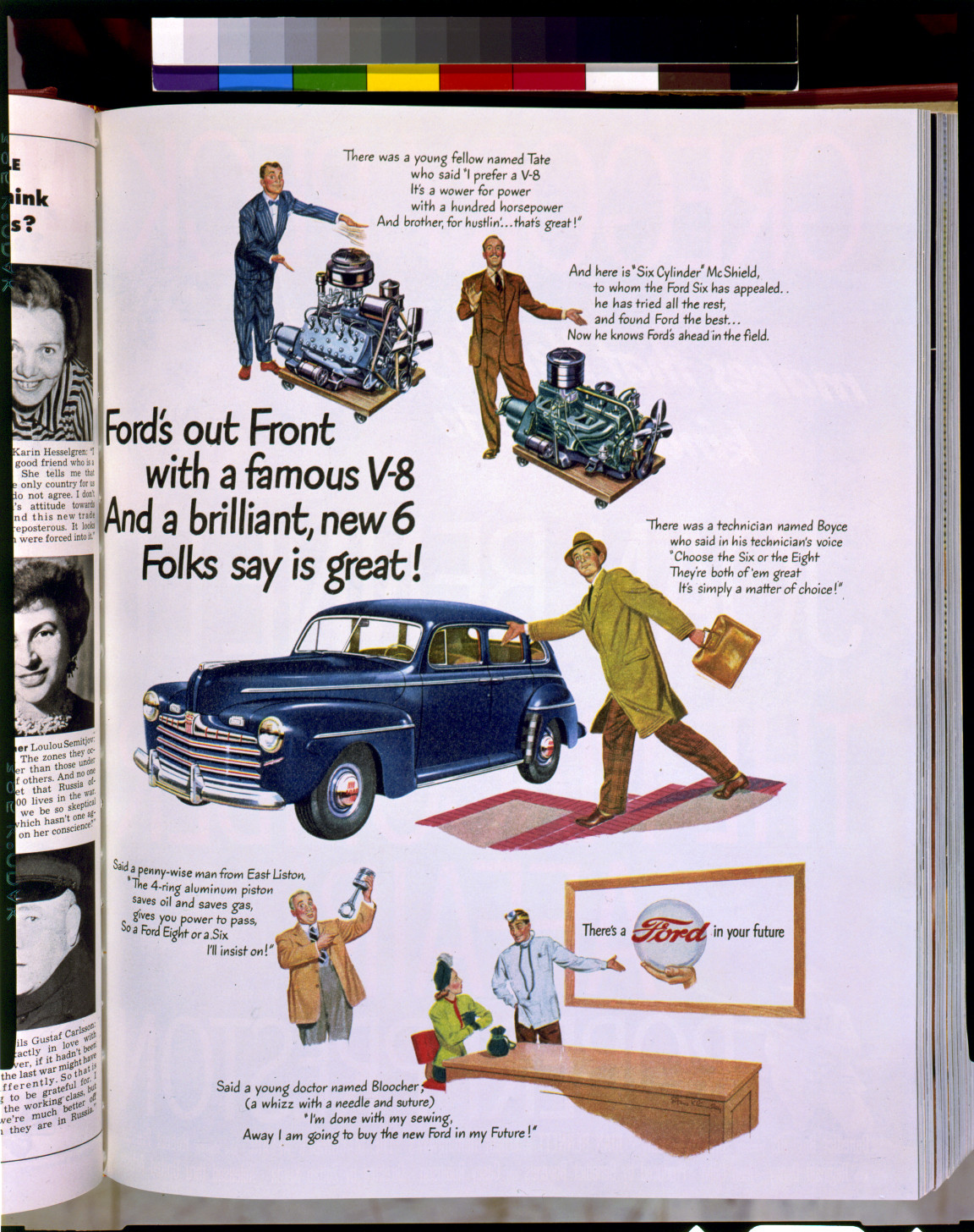 [Page of advertisement for Ford automobiles, showing a 1947 Ford, two engines, etc.], 1947 Feb. 4. — historic print