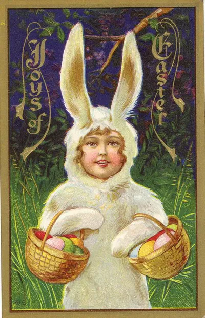 Joys of Easter postcard, child in bunny costume with egg baskets