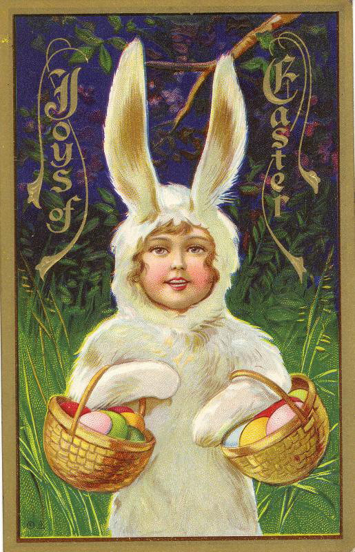 Joys of Easter postcard, child in bunny costume with egg baskets — vintage postcard