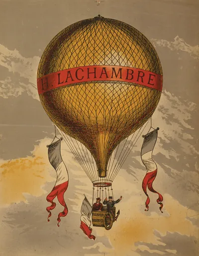 Hot air balloon labeled H. Lachambre with two passengers