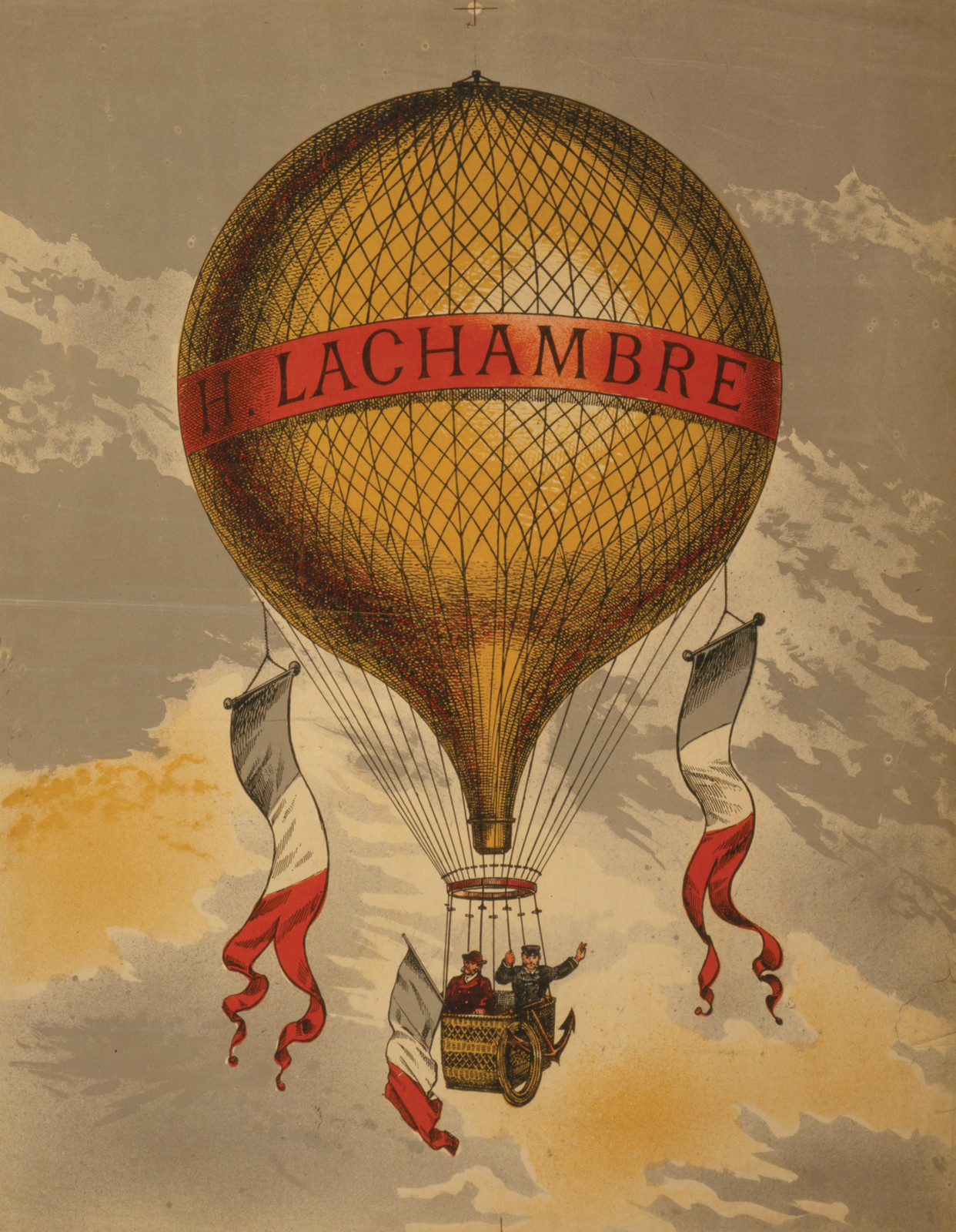 Hot air balloon labeled H. Lachambre with two passengers — historic image