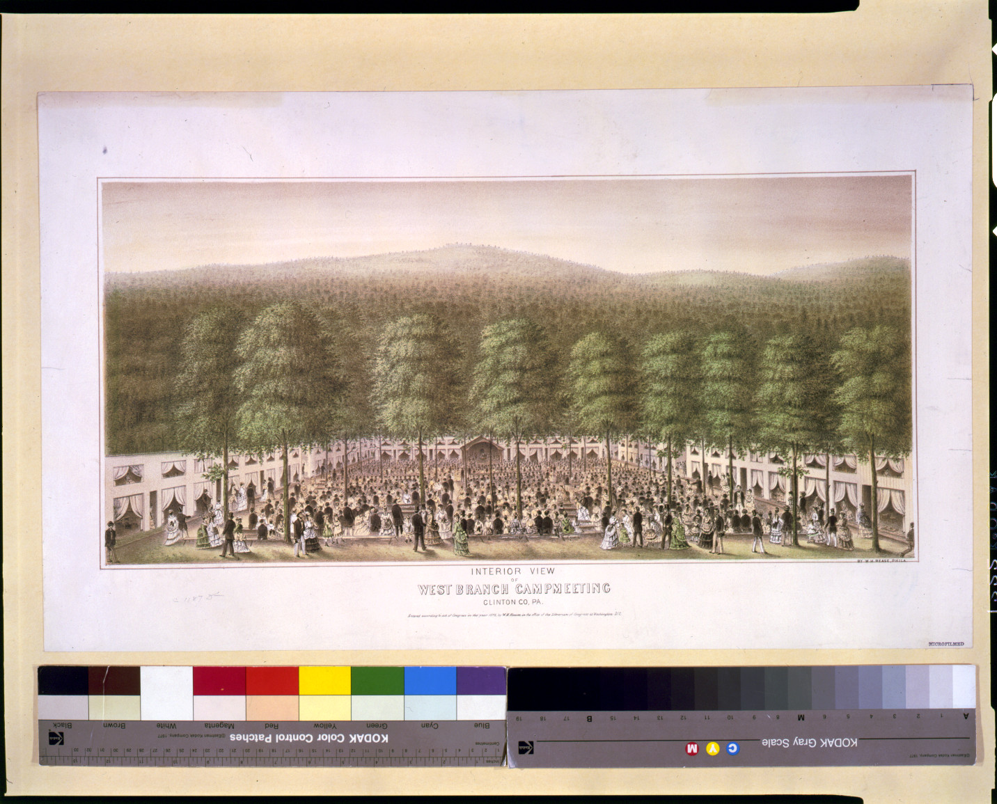 Interior view of West Branch camp meeting, Clinton Co., Pa. / by W.H. Rease., c1872. — antique lithograph