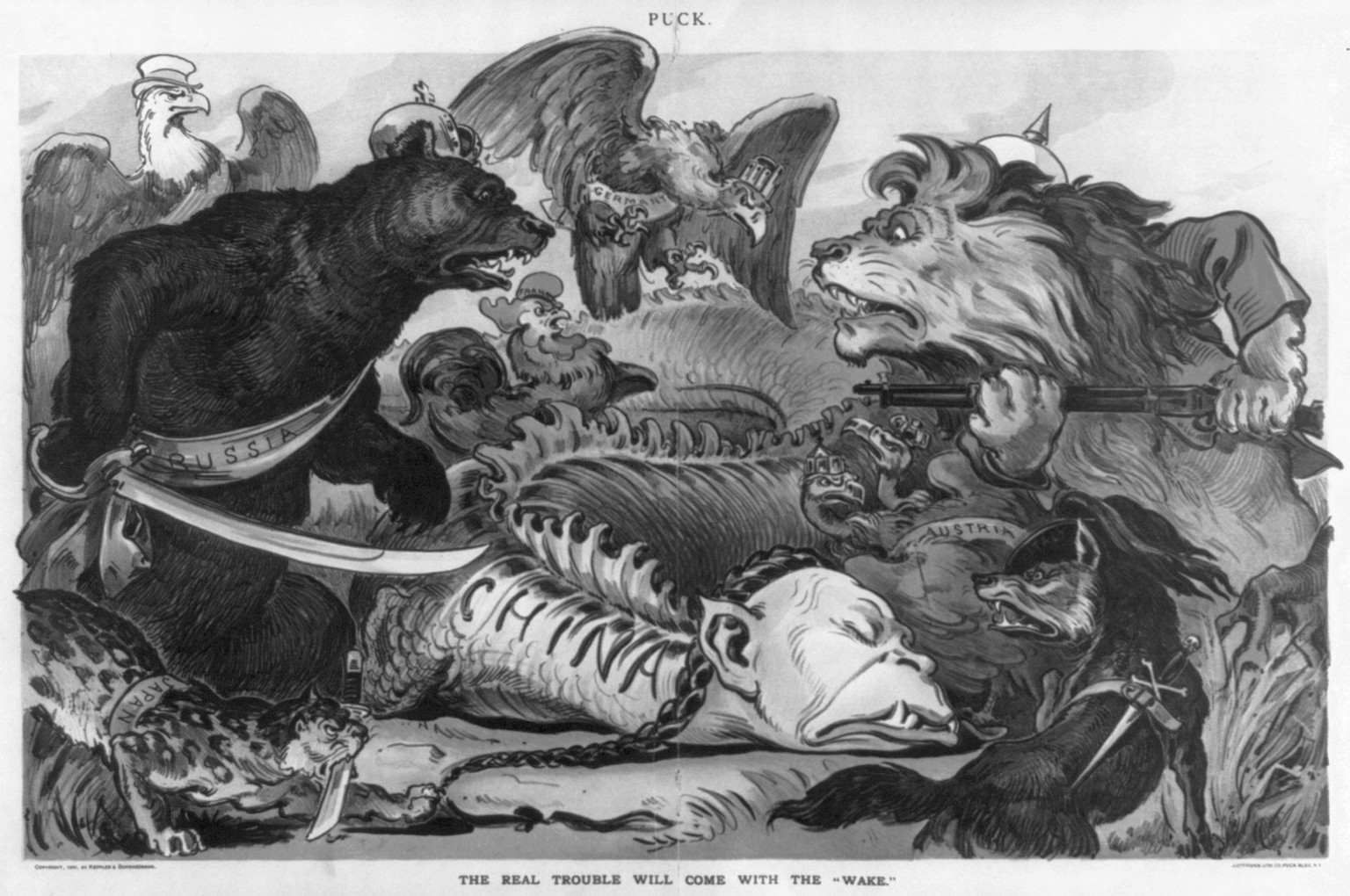 The real trouble will come with the Wake"", 1900 — antique lithograph