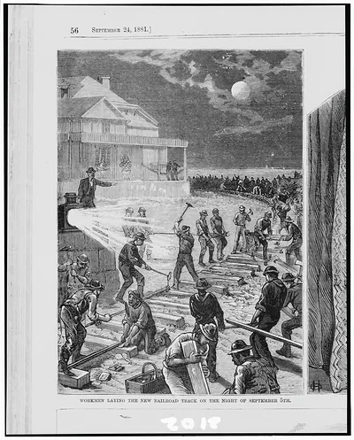 Workmen laying the new railroad track on the night of September 5th / from sketches by a staff artist.