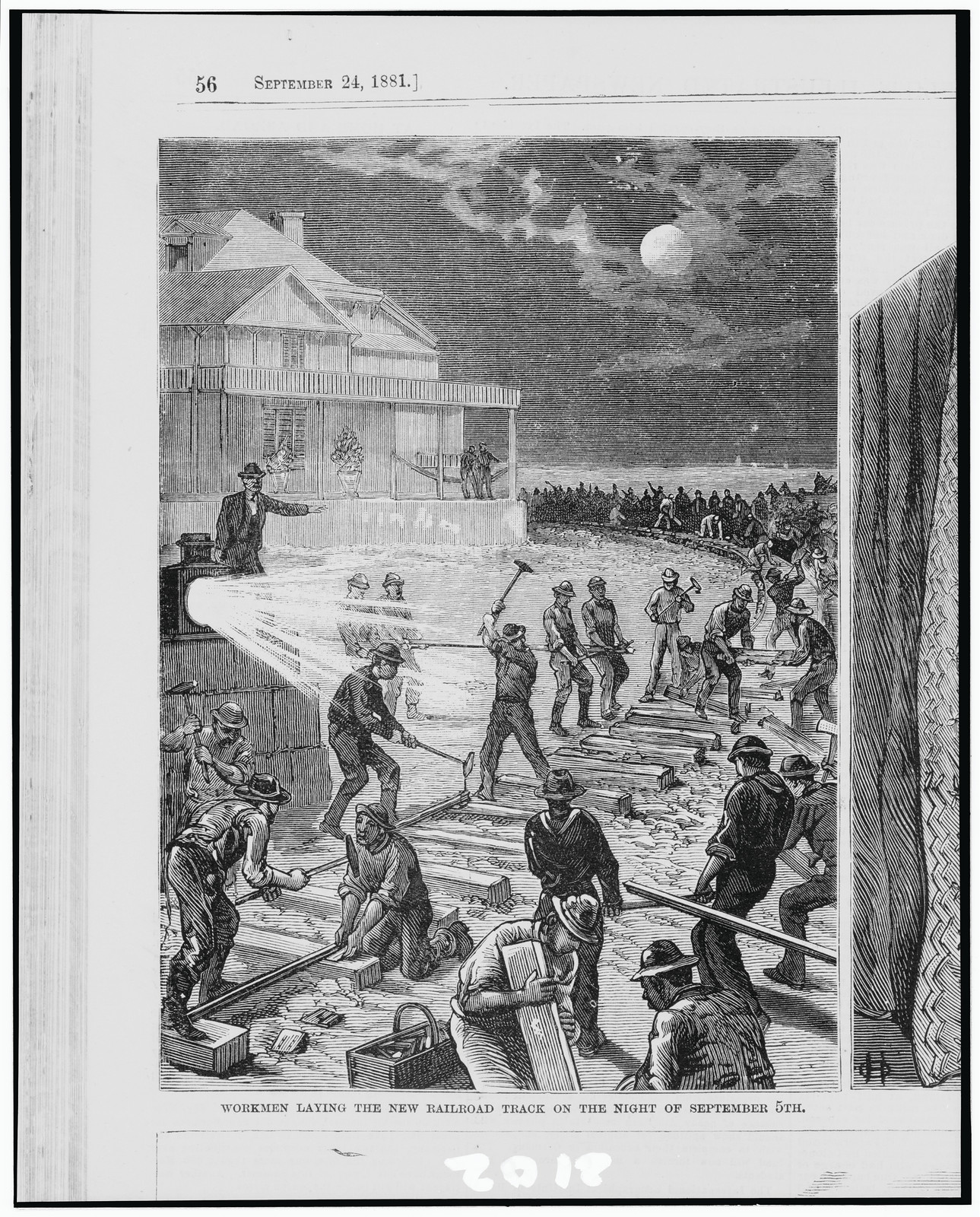 Workmen laying the new railroad track on the night of September 5th / from sketches by a staff artist., 1881 Sept. — antique engraving