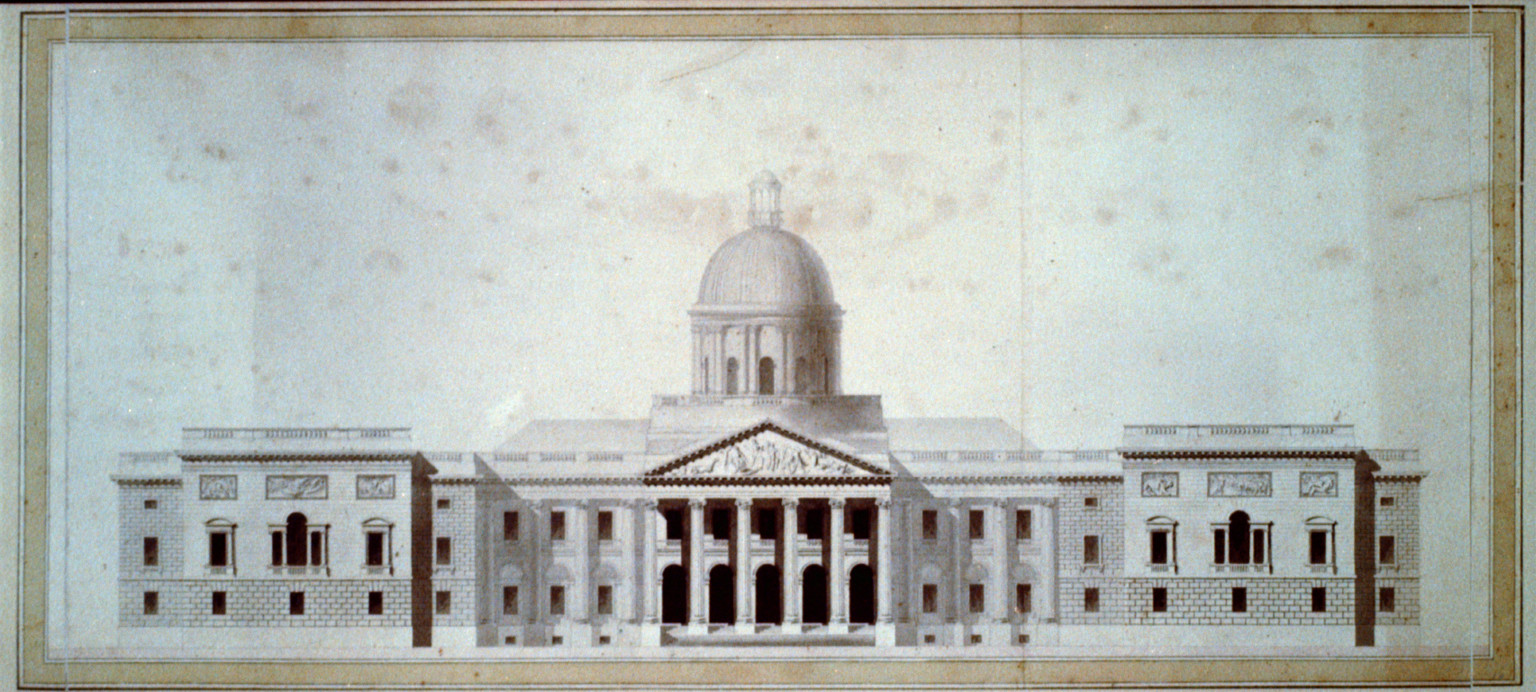 [United States Capitol, Washington, D.C. East front elevation, rendered], and Engineering (ADE) Drawings" (http://www.loc.gov/rr/print/res/103_ade.html)." — historic drawing