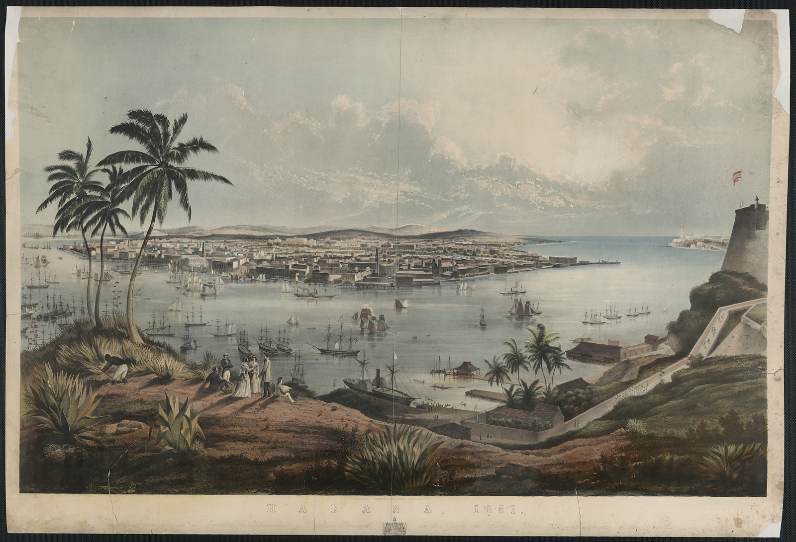 Habana 1851: hand-colored view of Havana harbor — historic image