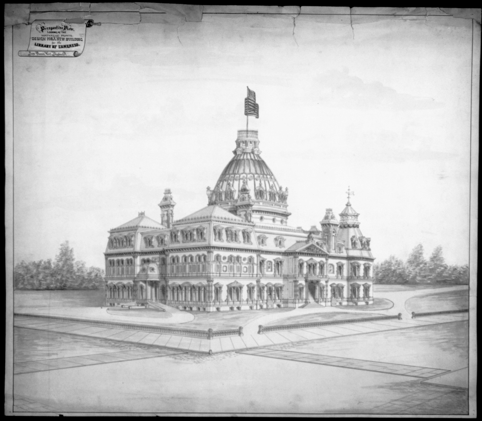 [Library of Congress, Washington, D.C. Perspective view], and Engineering (ADE) Drawings" (http://www.loc.gov/rr/print/res/103_ade.html)." — historic drawing
