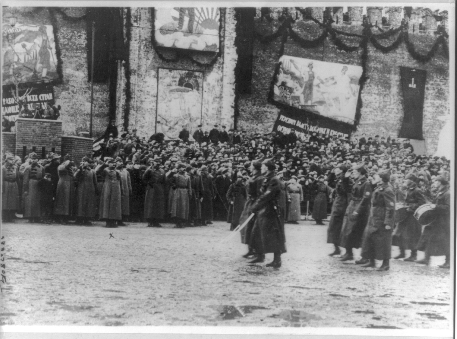 Lev Trotskii, 1879-1940, Red Army passing in review before Trotskii in Red Square — historic photograph