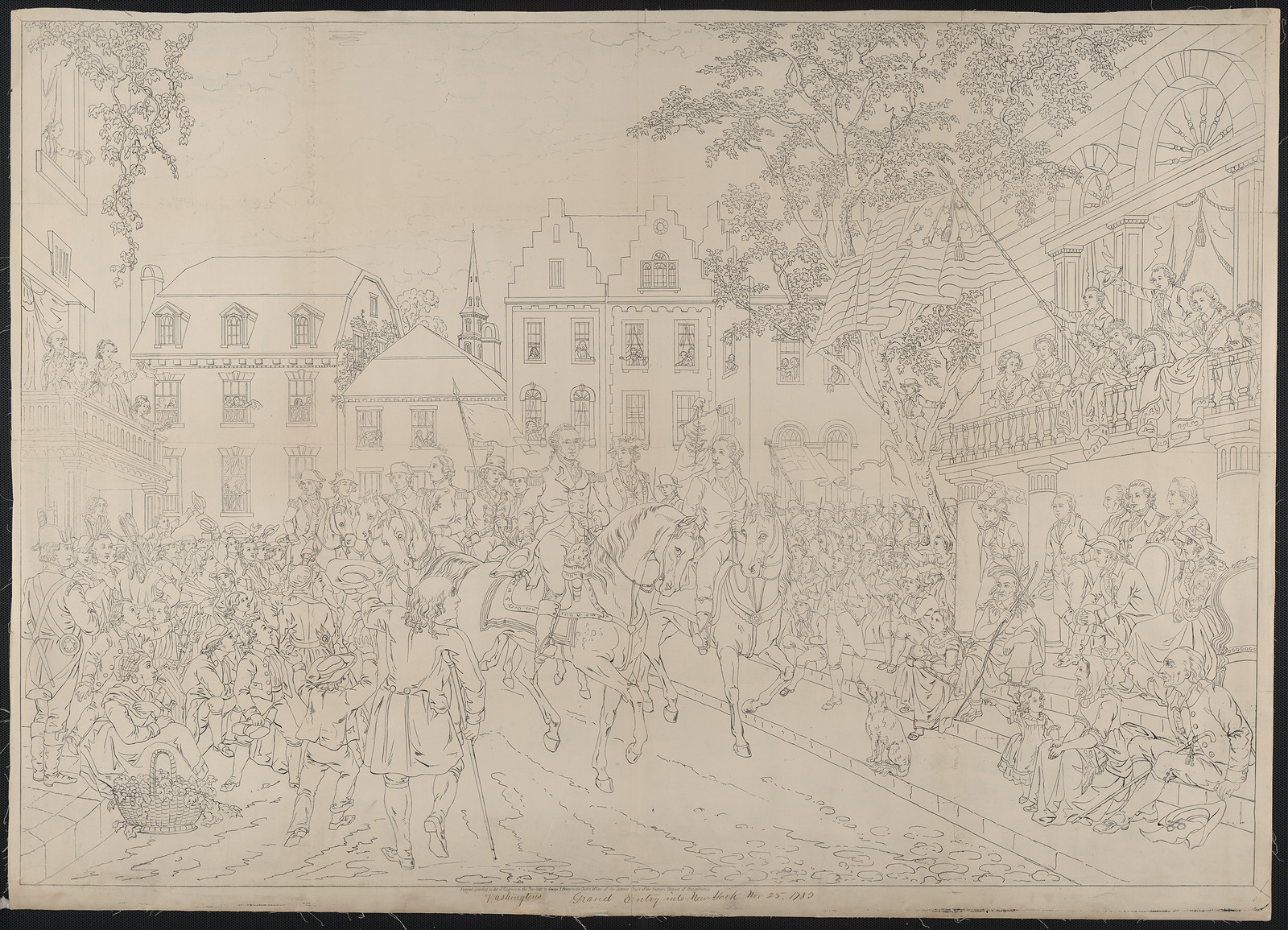 Washington's Grand Entry Into New York, Line Drawing — historic drawing