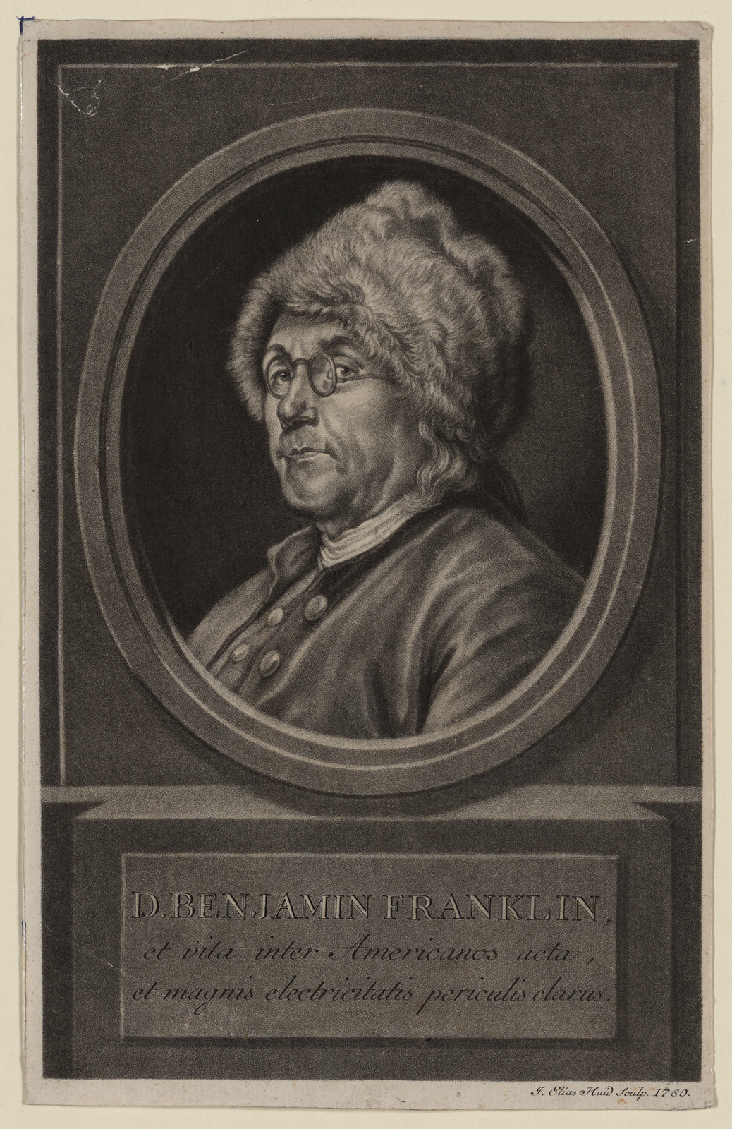 D. Benjamin Franklin, engraved oval portrait, 1780 — historic image