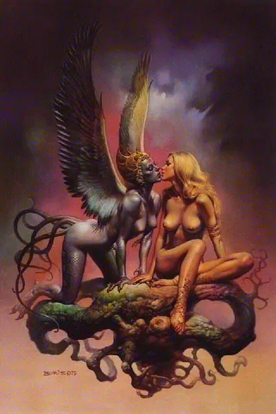 Winged figure and nude blonde woman on a tentacled log