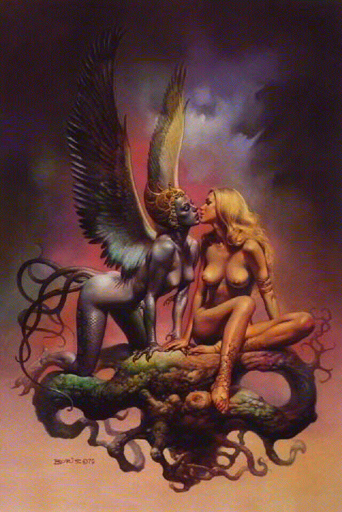 Winged figure and nude blonde woman on a tentacled log — historic image