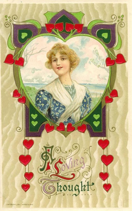 A Loving Thought Valentine postcard with woman in heart — vintage postcard