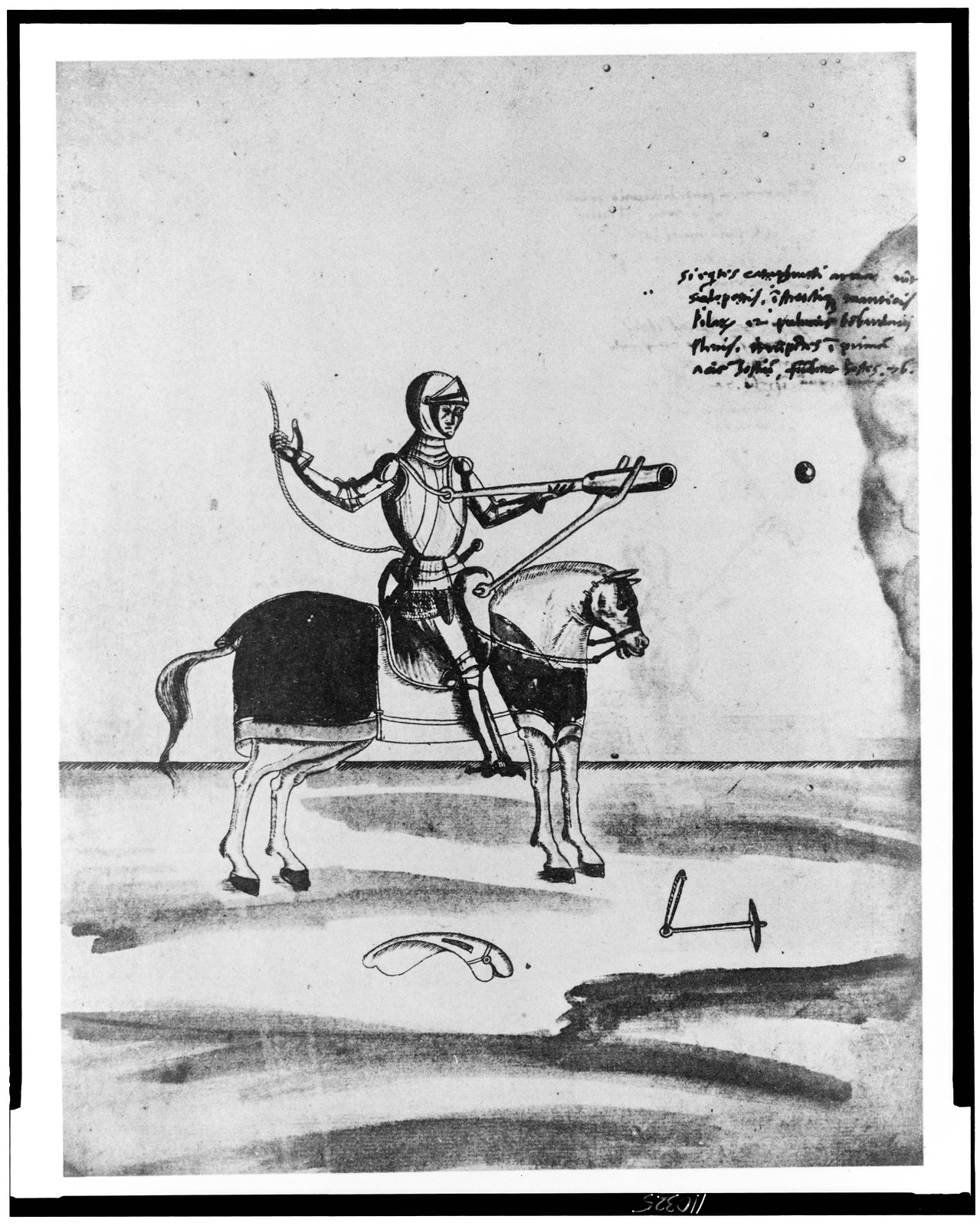 [Knight on horseback firing a cannon resting on a saddle support and braced against his chest] — historic print