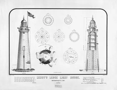 Minot's Ledge Light House, Massachusetts Bay, elevation and section plans