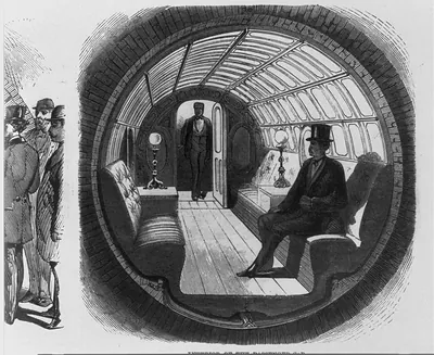 [Beach's pneumatic subway, Broadway, N.Y.C.]: 73659 - Entrance to tunnel, with passenger car coming in; 73660 - Interior of the passenger car; 73661 - Advancing the shield - interior of the tunnel; 73662 - Testing the correctness of position at night