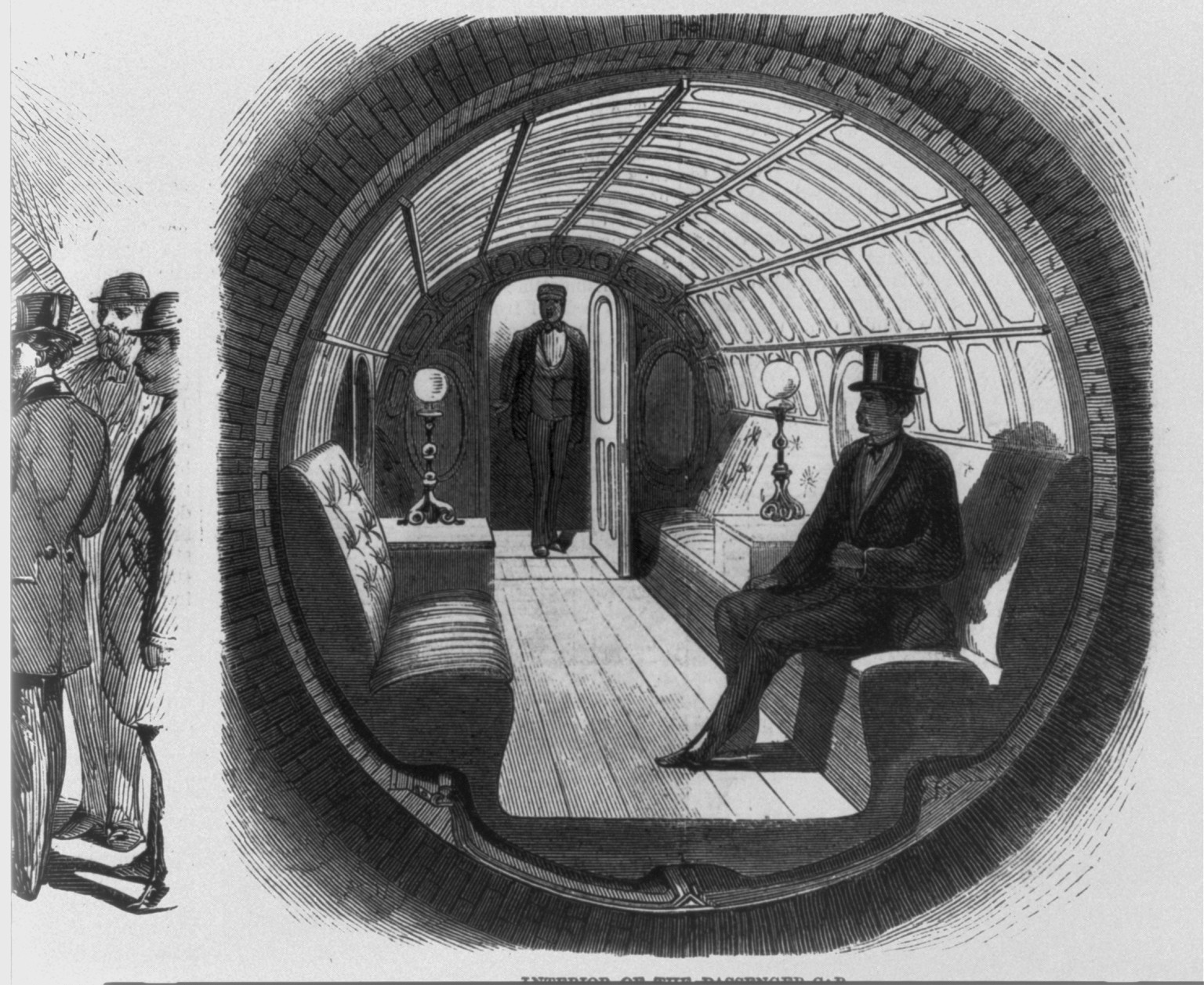 [Beach's pneumatic subway, Broadway, N.Y.C.]: 73659 - Entrance to tunnel, with passenger car coming in; 73660 - Interior of the passenger car; 73661 - Advancing the shield - interior of the tunnel; 73662 - Testing the correctness of position at night, 1870 — antique engraving