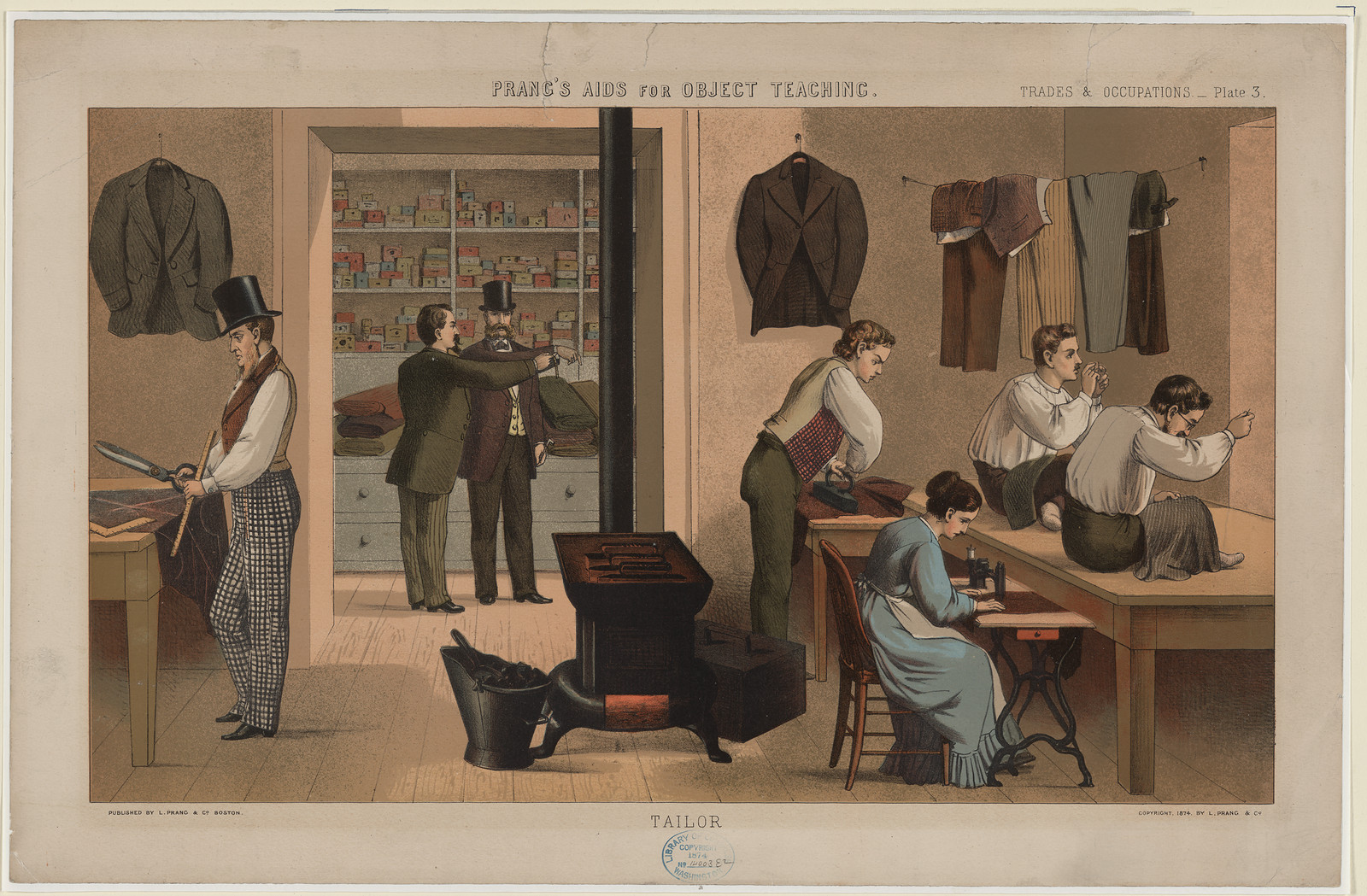 Tailor's workshop with workers and stove, Prang's Aids for Object Teaching — historic image