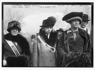 Suffrage parade - Mrs. Mary Bair, Mr. Wood and Mrs. Burleson