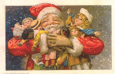 Santa Claus holding dolls, vintage Christmas postcard