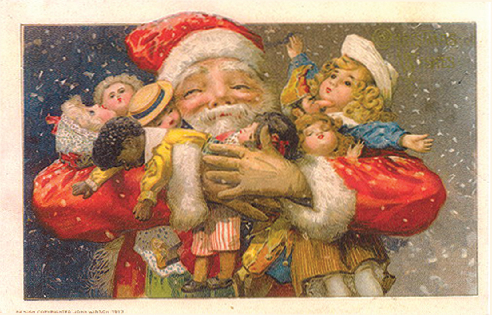 Santa Claus holding dolls, vintage Christmas postcard — vintage postcard