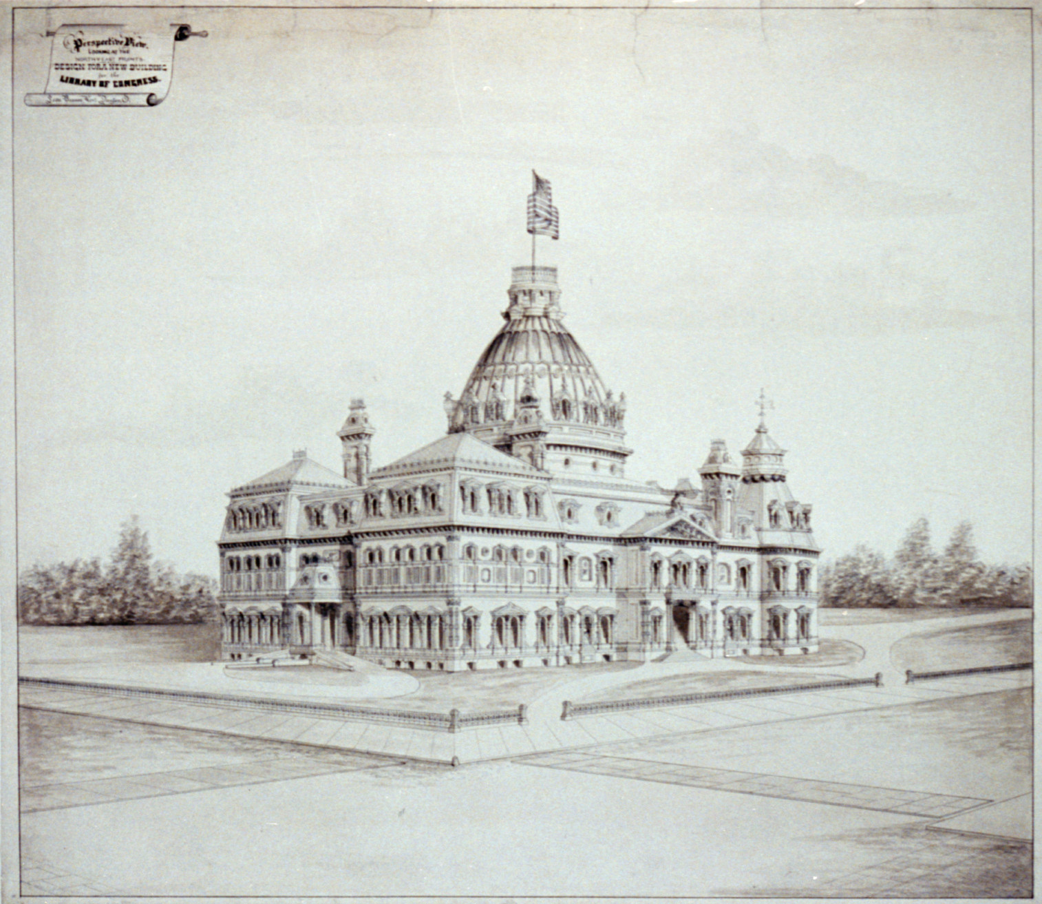 [Library of Congress, Washington, D.C. Perspective view], and Engineering (ADE) Drawings" (http://www.loc.gov/rr/print/res/103_ade.html)." — historic drawing