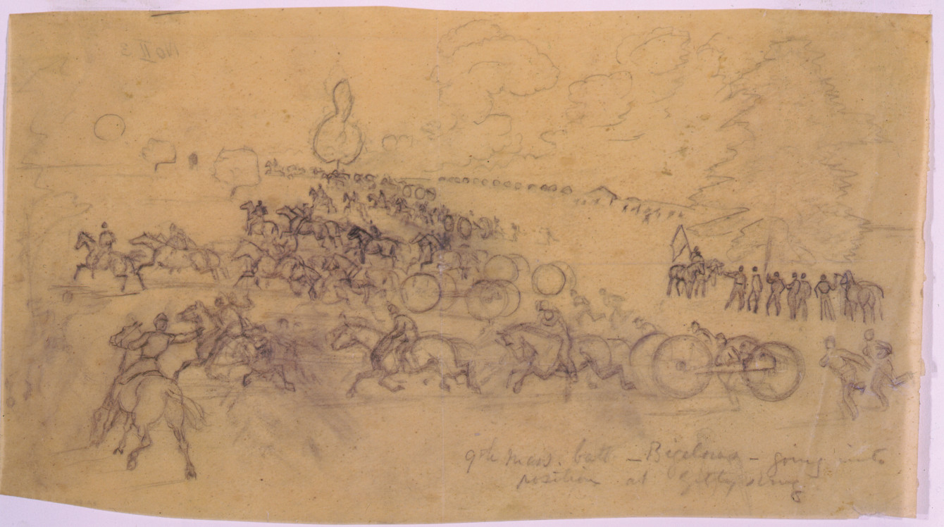9th Mass. batt. Bigelows going into position at Gettysburg, [1863 ca. July 1-3] — historic drawing