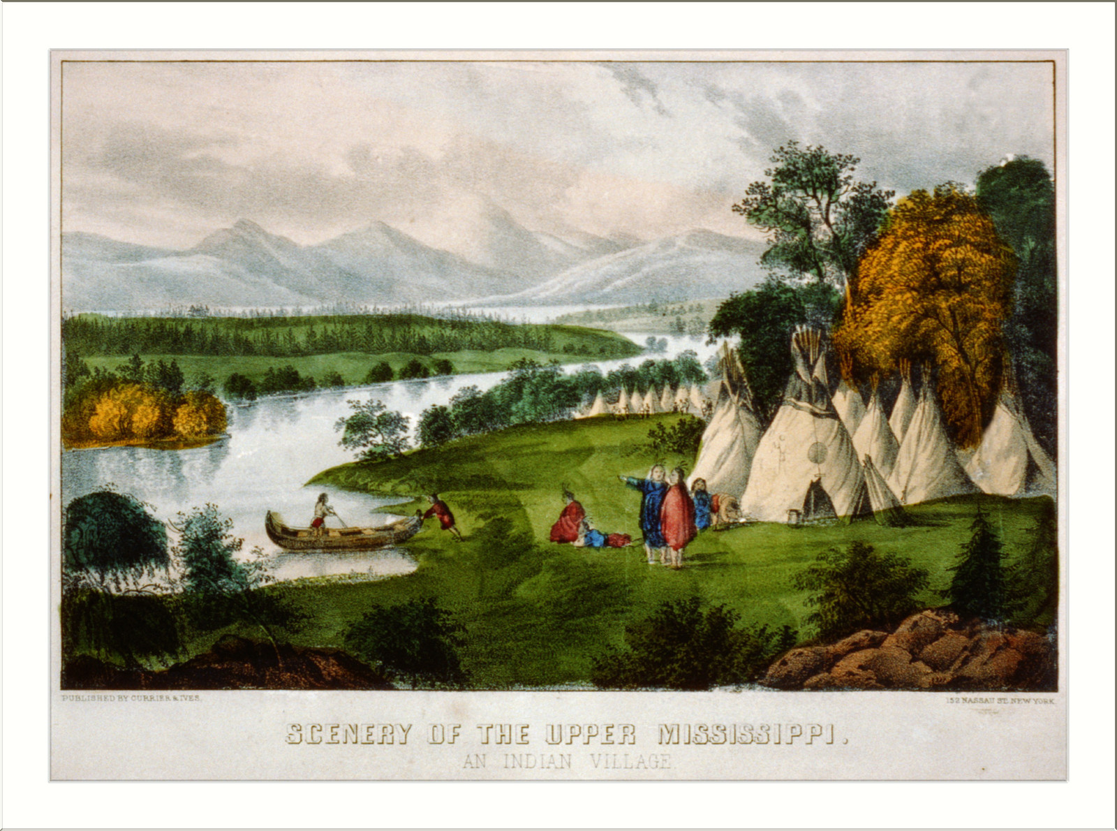 Scenery of the upper Mississippi: an Indian village, New York : Published by Currier & Ives, [between 1856 and 1907] — antique lithograph
