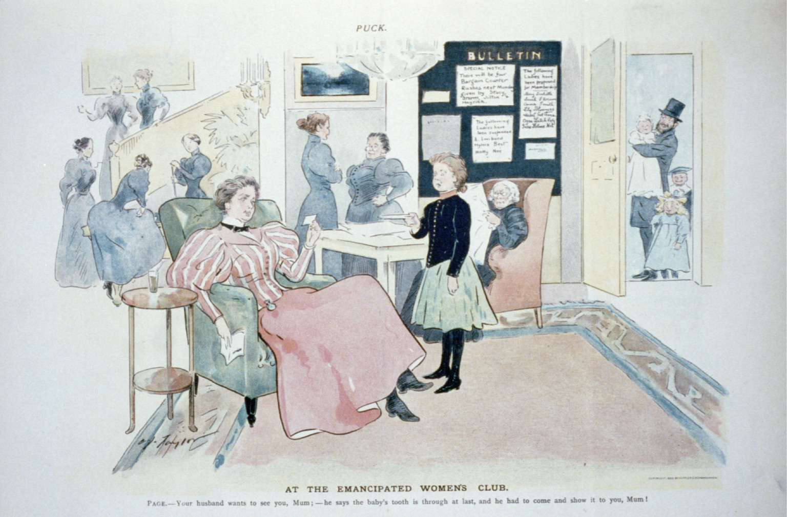 At the emancipated women's club, 1896 — antique lithograph
