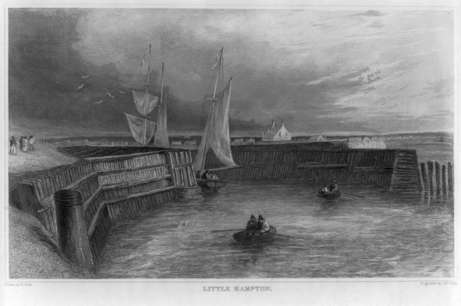 [England - Sussex - Channel resorts: Littlehampton"; fishing boats in breakwater]" — antique engraving