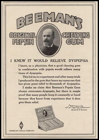Beeman's Original Pepsin Chewing Gum advertisement with doctor portrait