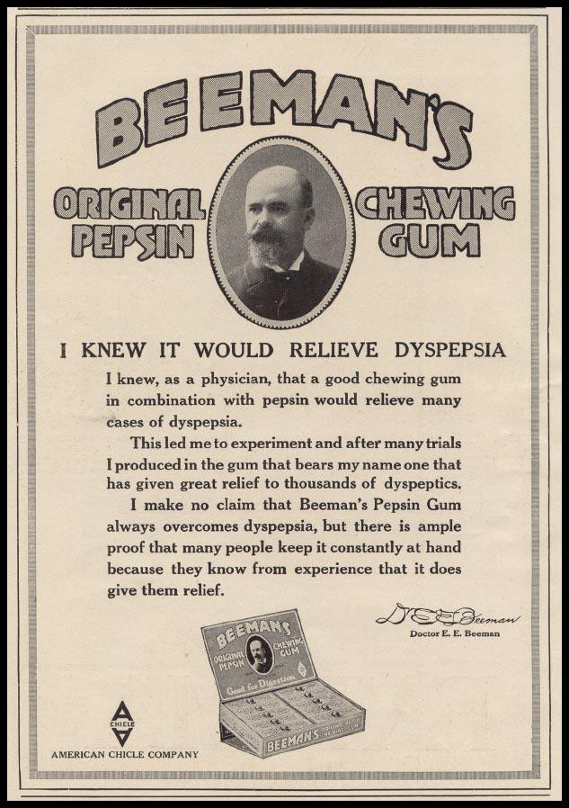 Beeman's Original Pepsin Chewing Gum advertisement with doctor portrait — historic image