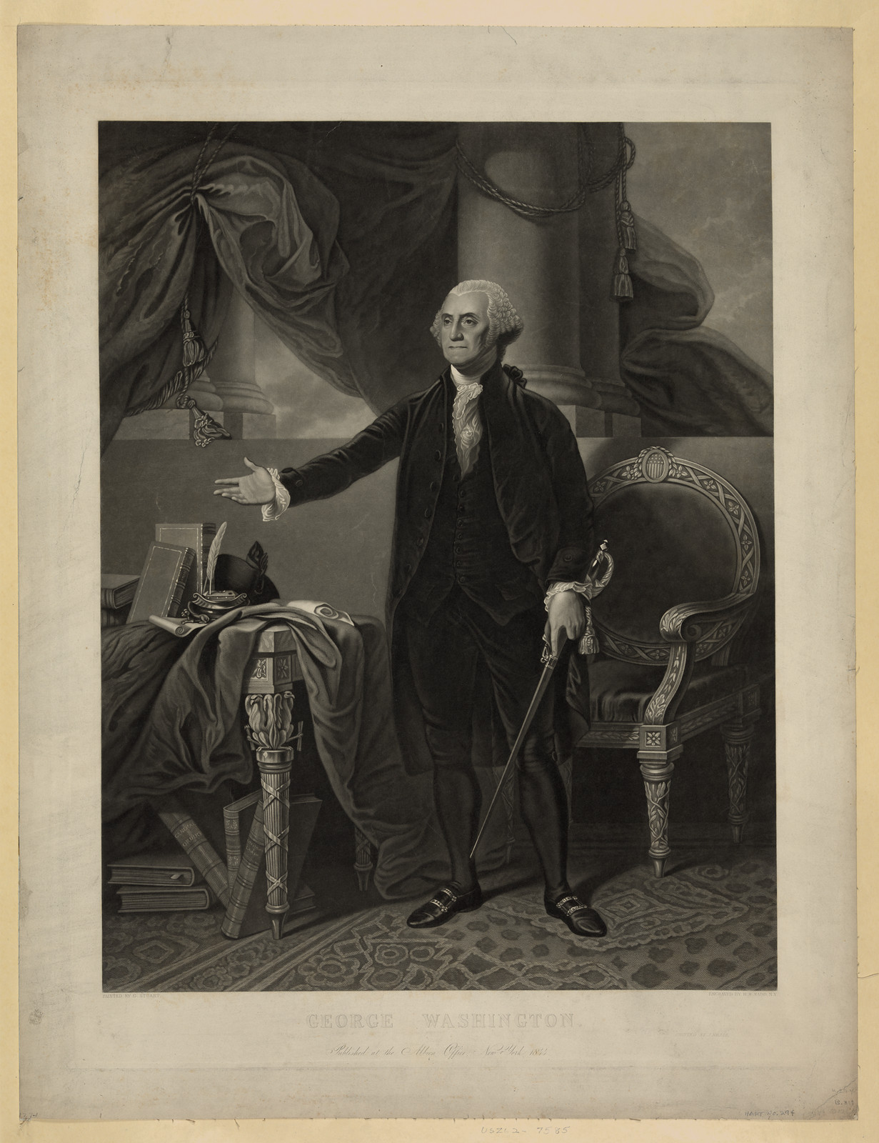 George Washington, engraved standing portrait after Gilbert Stuart — historic image