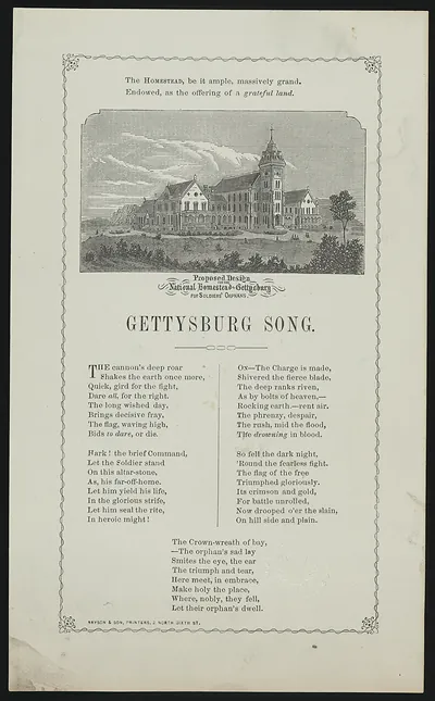 Gettysburg Song sheet with proposed Homestead for Soldiers' Orphans engraving