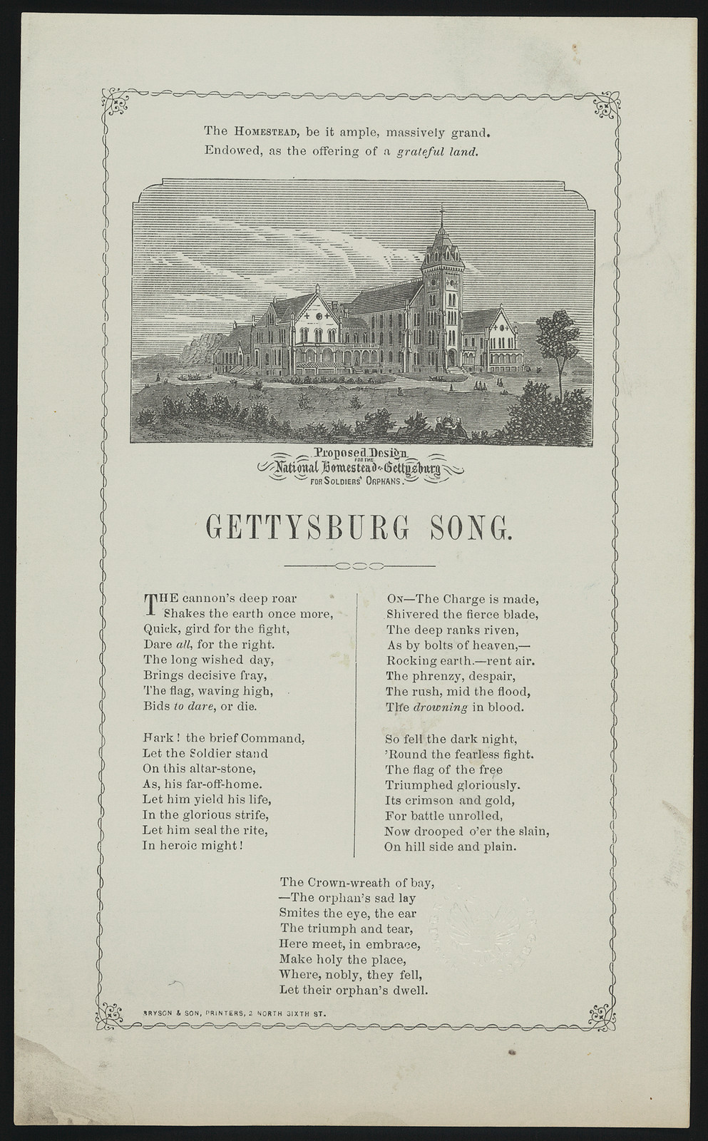 Gettysburg Song sheet with proposed Homestead for Soldiers' Orphans engraving — antique engraving