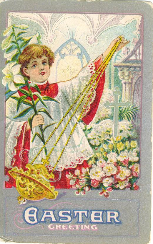 Easter Greeting card with altar boy and lilies — historic image