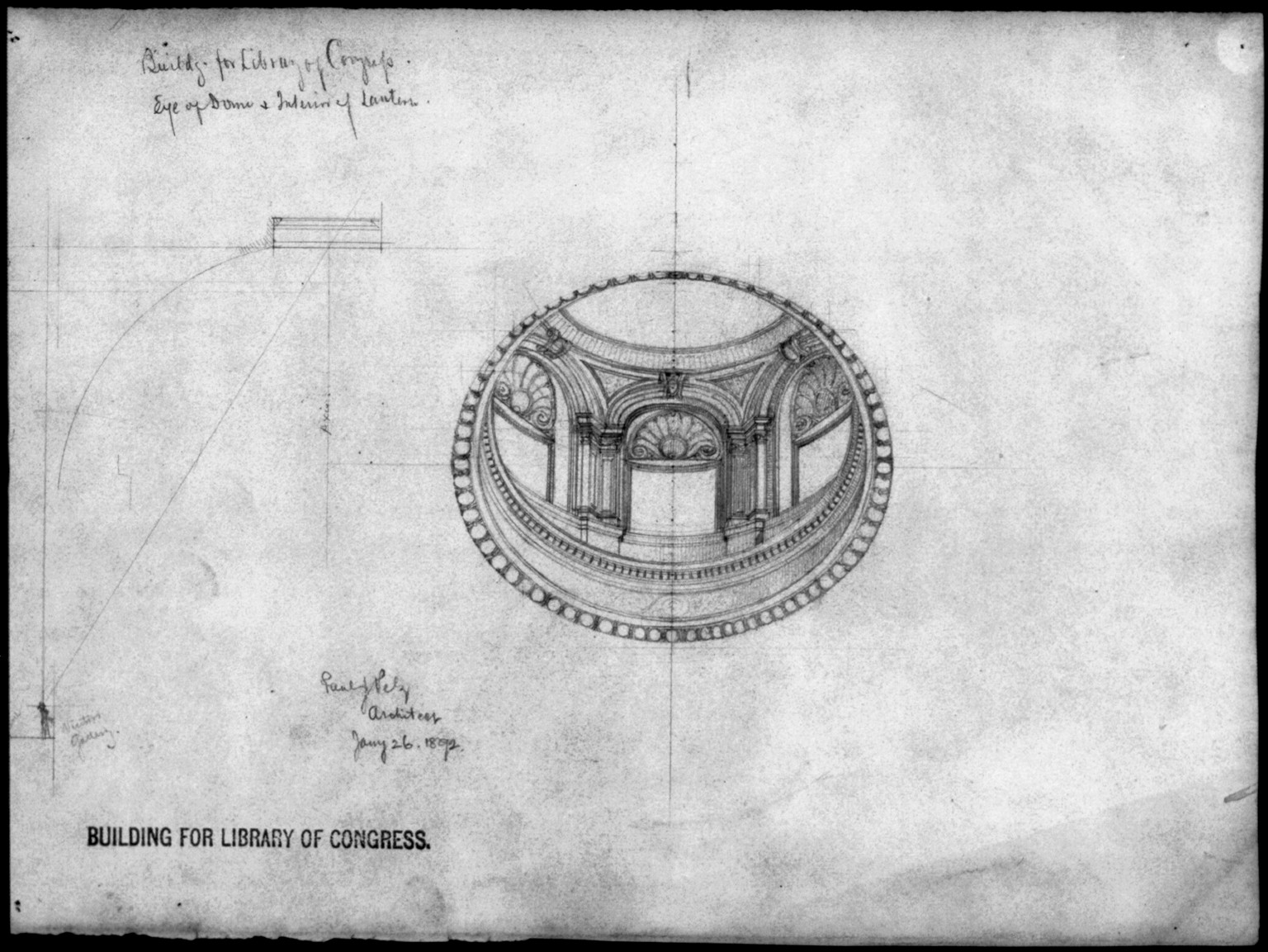 [Library of Congress (Congressional Library Building") D.C. View of stair hall]", and Engineering (ADE) Drawings" (http://www.loc.gov/rr/print/res/103_ade.html)." — historic drawing