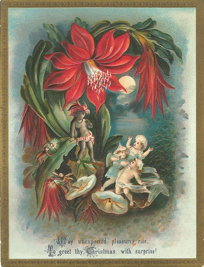 Victorian Christmas card with fairies and red amaryllis — historic image