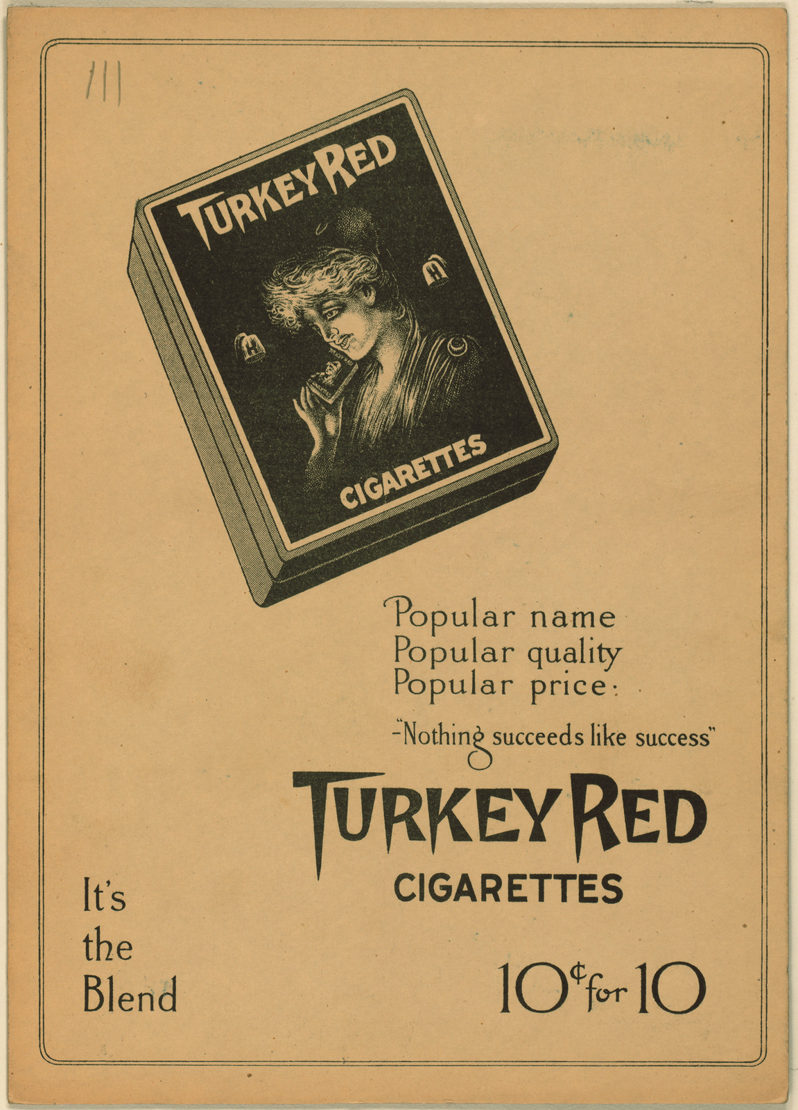 Turkey Red Cigarettes advertisement: Popular name, 10 cents for 10 — historic image