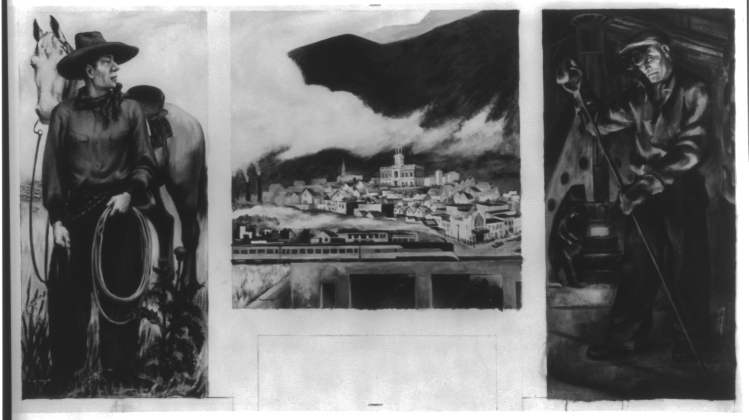 [3 W.P.A. murals - Cowboy and steel worker by Victor Armantoff] — historic photograph