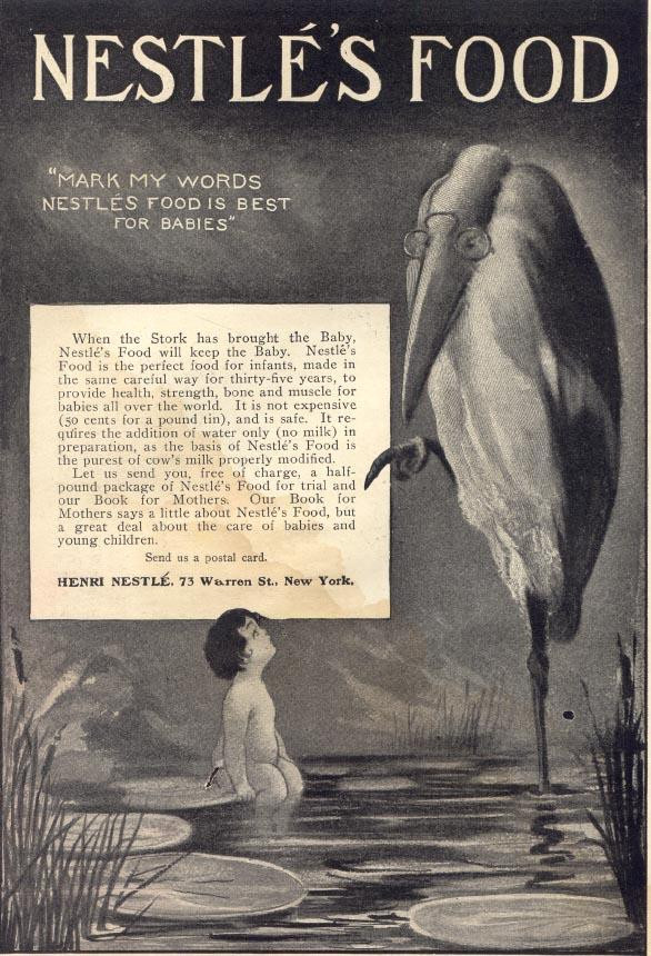 Nestlé's Food advertisement with stork and baby — historic image