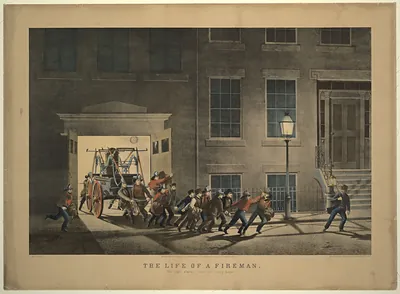 The life of a fireman: the night alarm--start her lively boys.""