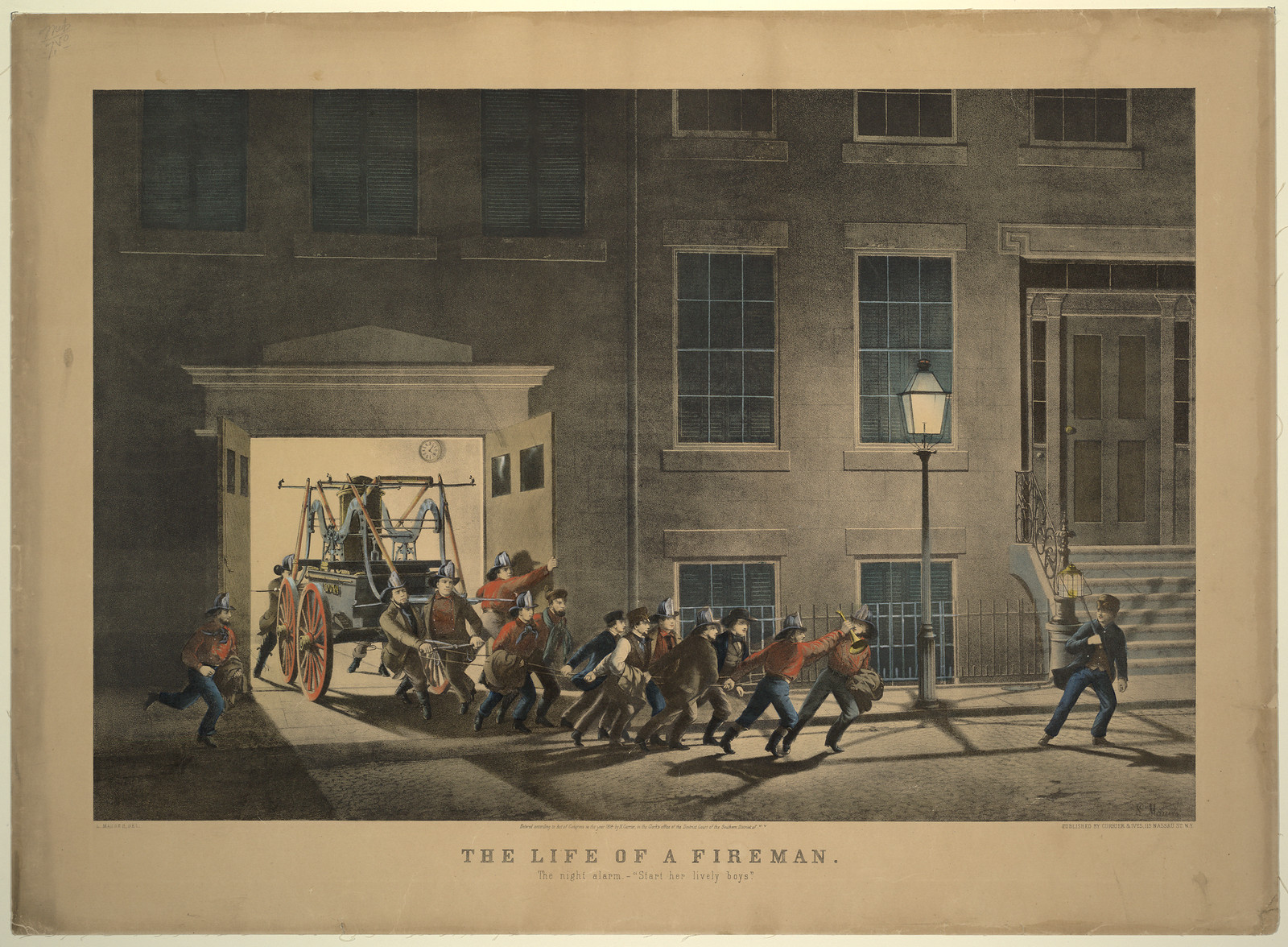 The life of a fireman: the night alarm--start her lively boys."", New York : Published by Currier & Ives, c1854. — antique lithograph