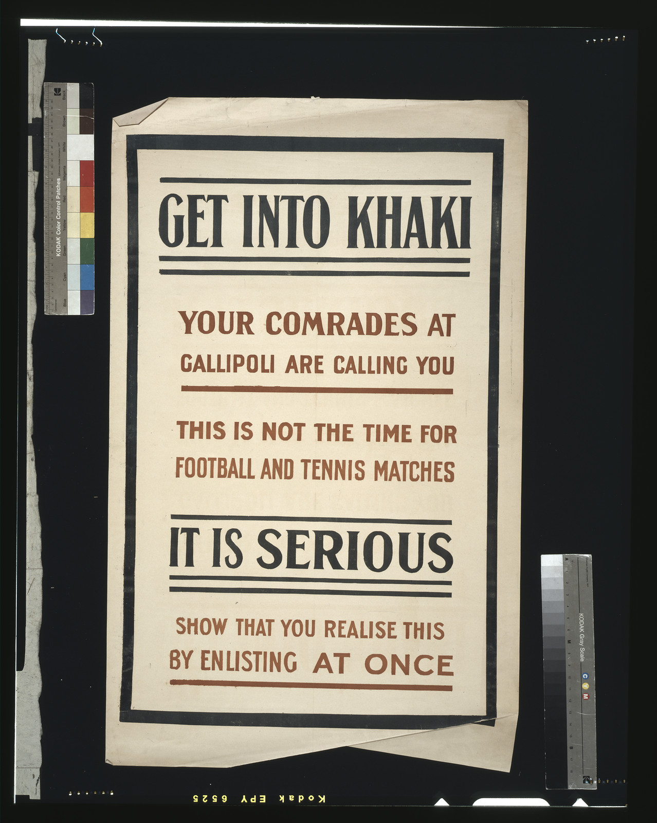 Get into khaki. Your comrades at Gallipoli are calling you. This is not the time for football and tennis matches. It is serious. Show that you realise this by enlisting at once, [S.l. : s.n., 1915] — vintage poster