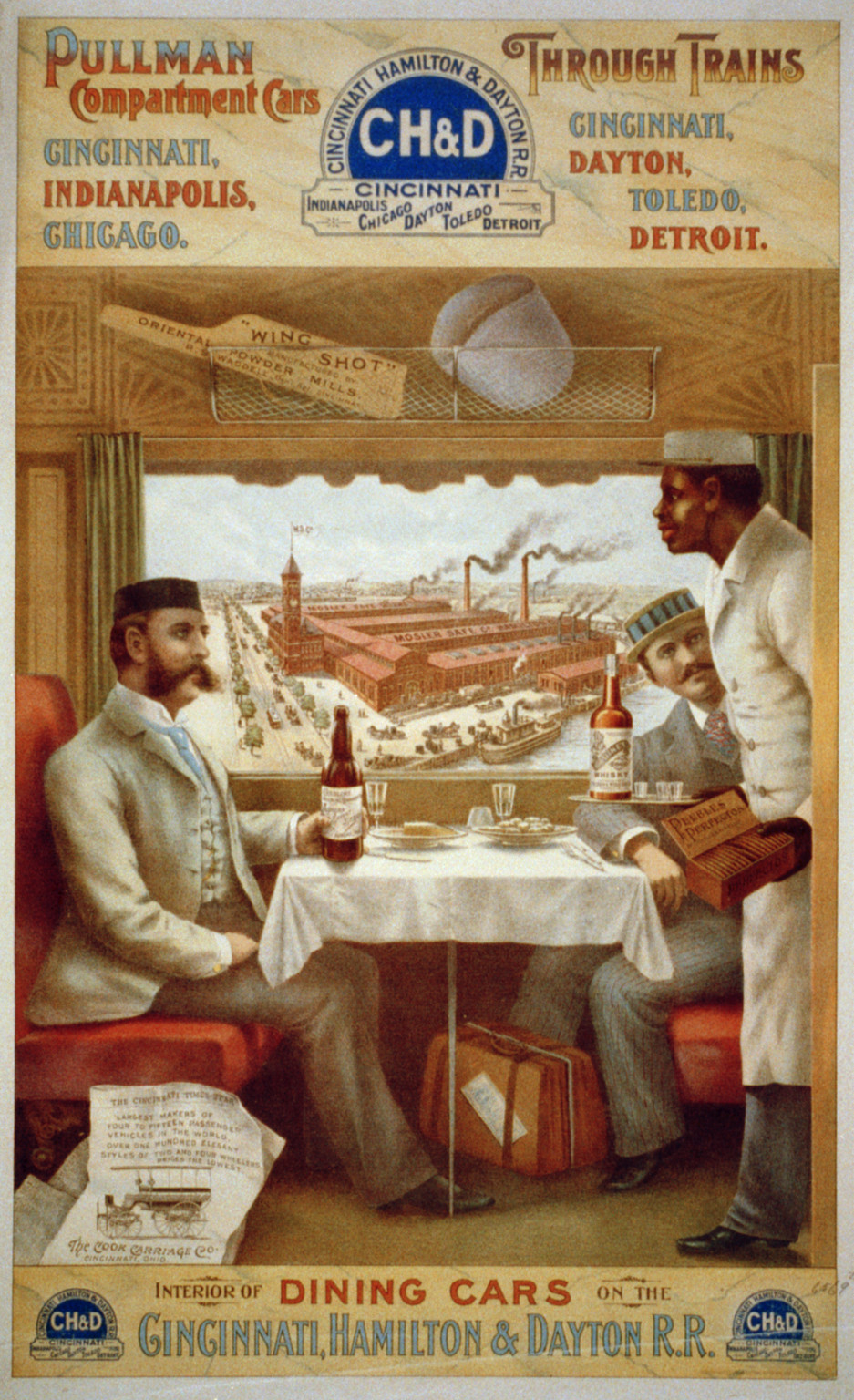 Pullman compartment cars through trains -- interior of dining cars on the Cincinnati, Hamilton & Dayton R.R., c1894 Jan. 27. — antique lithograph