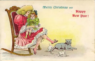Merry Christmas and Happy New Year greeting card with woman and cats