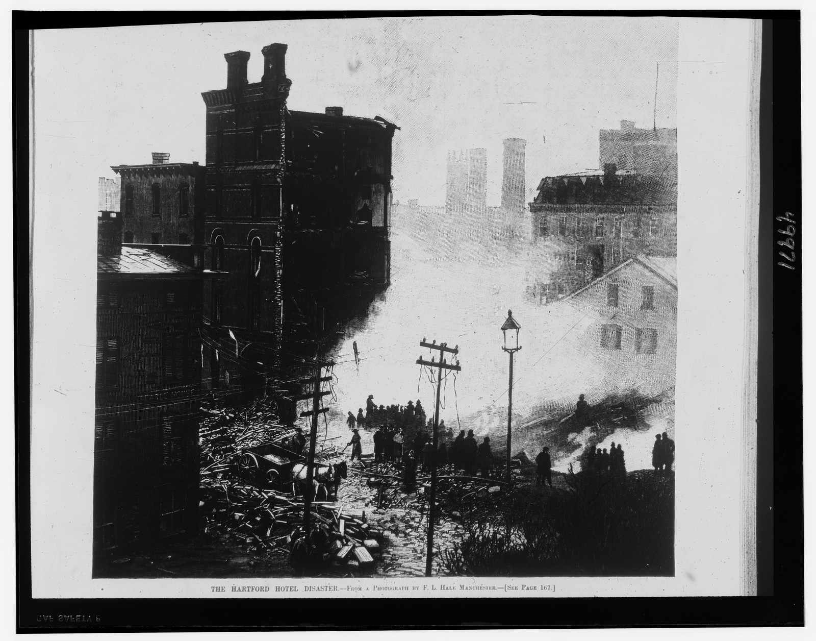 The Hartford Hotel disaster, 1889 — antique engraving