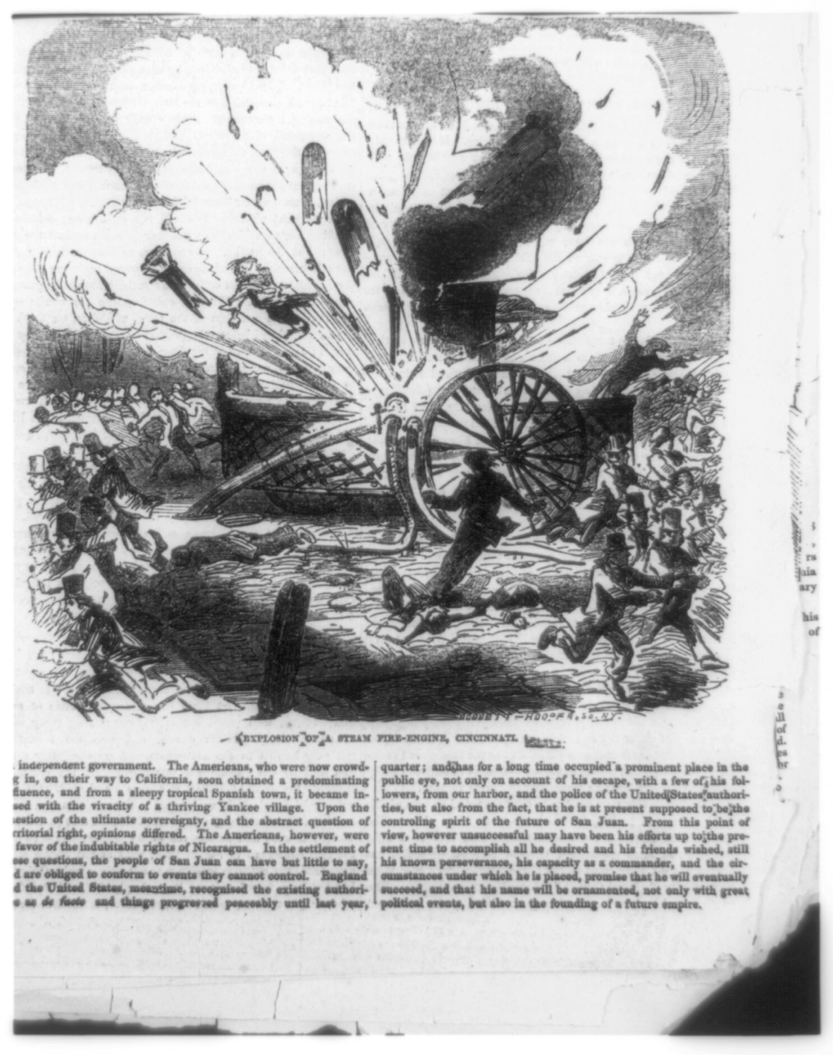 Explosion of a steam fire engine, Cincinnati, 1855 — antique engraving